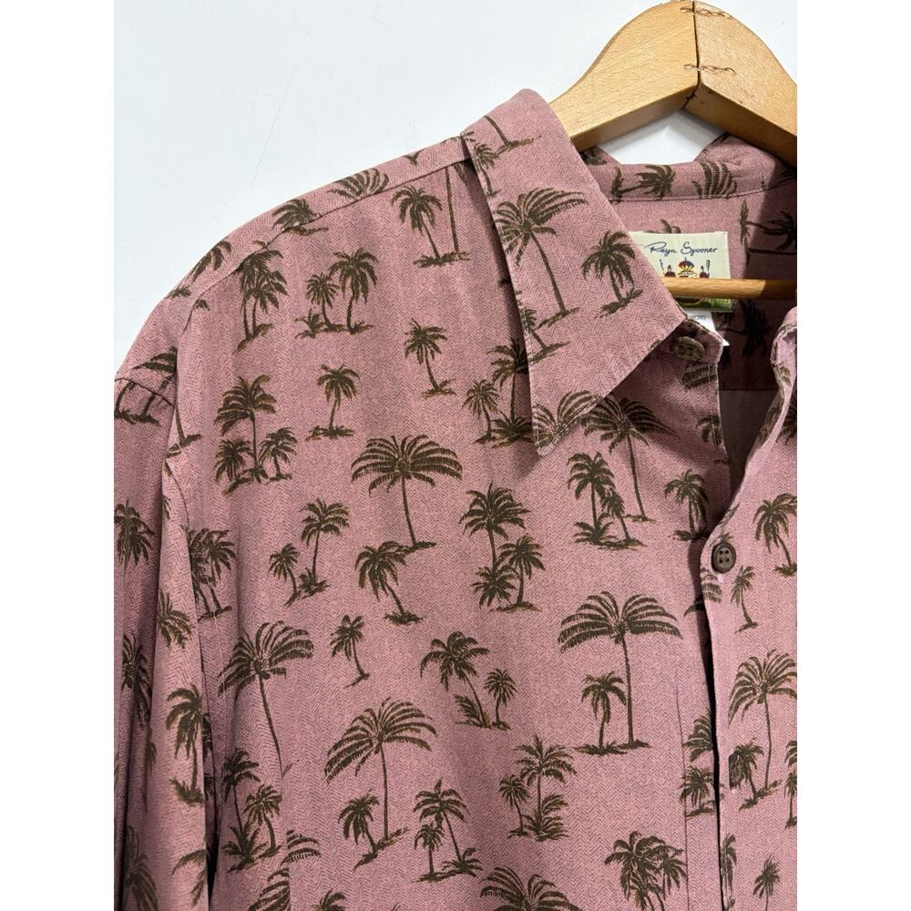 Reyn Spooner Shirt Mens XL Hawaiian Palm Tree Print Button Up Red Rayon - Picture 2 of 4